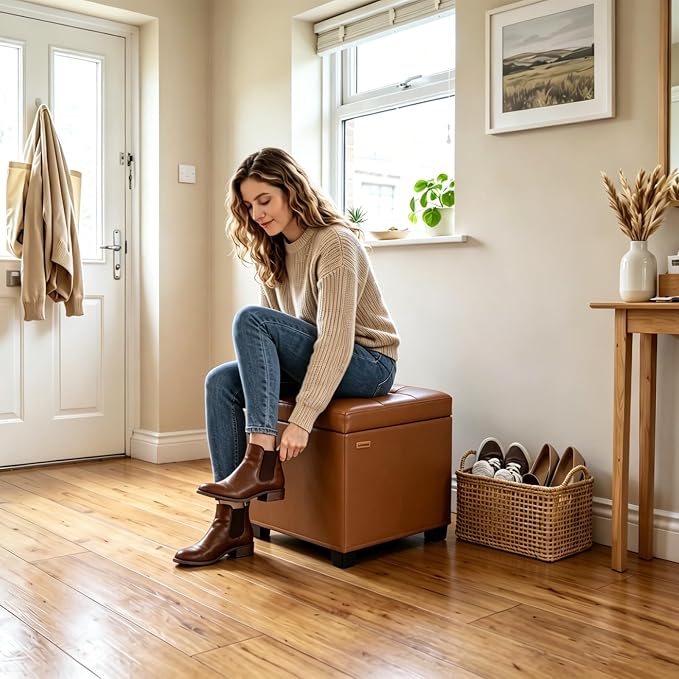 ABHENG Steel Frame Square Ottoman with Storage Caramel UASND645Z | 17.7" x 17.7" x 17.7", Hold 660 lbs, 48L Storage Capacity, Waterproof Synthetic Leather, Removable Lid, for Dorm Living Room