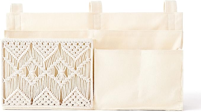 Mkono Bedside Caddy, Macrame Bunk Bed Hanging Organizer, 7 Pockets Ivory