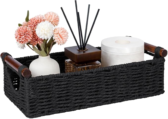 CubesLand Small Wicker Toilet Basket Tray Organizer W/Cut Out Handle | Handwoven Slim Decorative Basket for Countertop, Shelves And for Rustic Home Decor, Living Room, Nursery Organization, Black