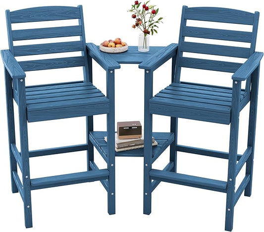 SERWALL Tall Adirondack Chairs Set of 2 with Connecting Table, Blue