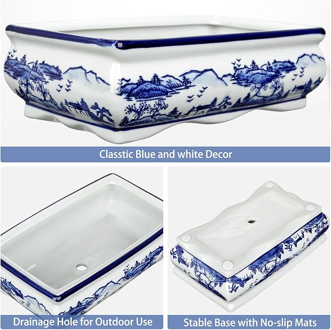 Blue and White Ceramic Bonsai Pot Large Shallow Bonsai Trees Pot Planter for Outdoor Use, 9" Ceramic Plant Pots with Drainage Hole for Cacti, Orchids, Succulents, Bonzie Tree Pots for Patio, Garden