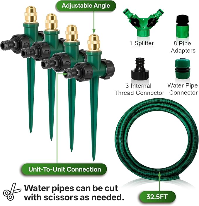 Joyhalo 4 Pack Flexible Sprinkler System with Spike Base, Above Ground Sprinkler System kit, Multi-Adjustable Irrigation Sprinkler Set for Yard, Lawn, 32.5FT Garden Hose Included