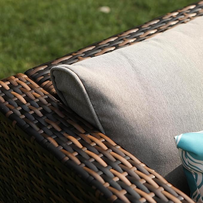 COSIEST All-Weather Patio Chair, Single Brown Wicker Chair with Thick Gray Cushions & Teal Pillow, Outdoor Rocking Chair for Porch, Garden, Poolside