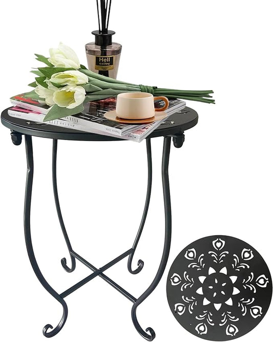 Outdoor Side Table, 14-inch Small Round Metal Patio Table with Flower Cut-Out Design, Modern Rust-Proof Portable End Table Patio Side Table for Outside Garden Balcony Yard & Indoor Use 1 Pack