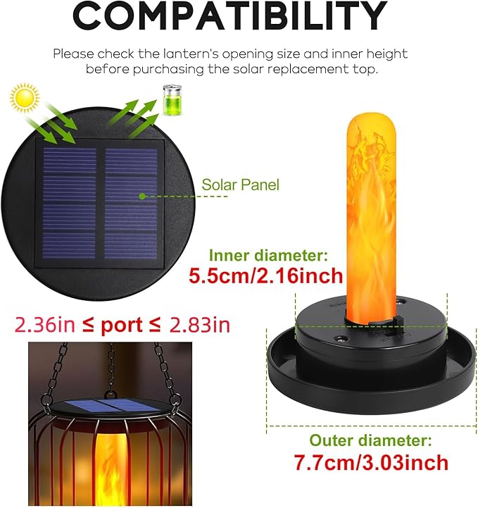 Flickering Flame Solar Replacement Tops: 2.83 in Replacement Light Parts for 2.36 in, 2.42 in, 2.5 in, 2.76 in, 2.83 in Lantern Port- Waterproof Lid Cap with for Old Lantern Torch Light Firebowl Jars