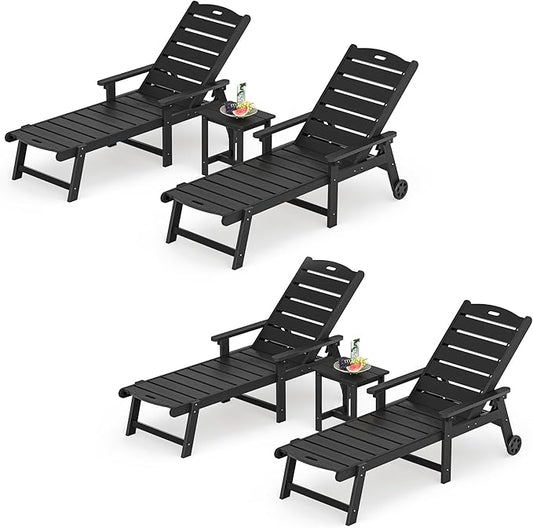 LUE BONA Chaise Lounge Chair with Table, 6-Piece, HDPS Chaise Lounger, 5 Positions Adjustable Lounge Chairs, Pool Lounge Chair with Wheels for Poolside, Backyard, Black