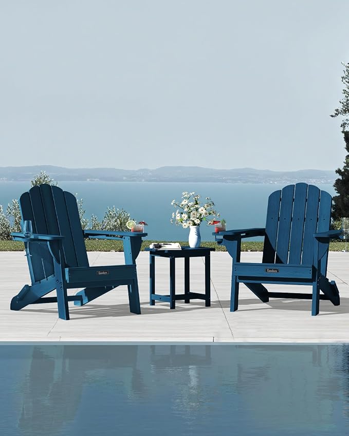 Adirondack Chairs Set of 2, Wood Texture Fire Pit Chairs, Plastic Adirondack Chairs with 2 Cup Holder, Outdoor Lawn Chair for Patio Garden, Navy Blue