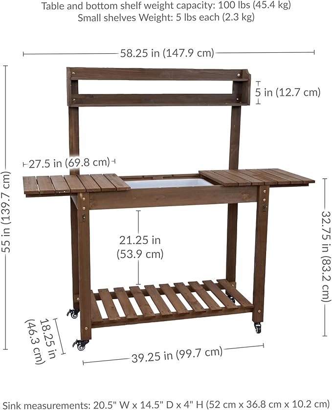 Sunnydaze Wheeled Garden Potting Bench with Sink - Outdoor Potting Table - Garden Table with Planting Station and Hooks - Brown