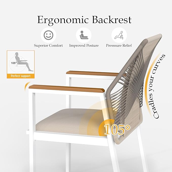 Aluminum Outdoor Patio Dining Chairs - Imitation Rope Vine Chair, Ergonomic Backrest Design Detachable Seat Cushion Soft and Breathable Garden Porch, White, Set of 4