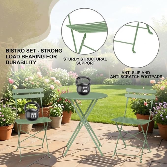 Garvee 3-Piece Folding Bistro Set Outdoor Patio Furniture, Space-Saving Foldable Chairs & Table with Heavy-Duty Powder-Coated Steel Frame, No Assembly Required, for Garden, Balcony, Backyard, Green