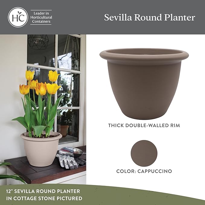 The HC Companies Sevilla Flower Planters - Durable Outdoor & Indoor Planter - Round Lightweight Self Watering Plant Pots for Herbs & More (12" Cappuccino, Pack of 2)