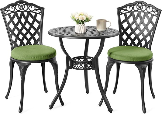NUU GARDEN 3-Piece Cast Aluminum Patio Bistro Set, Outdoor Table and Chairs Set of 2 with Umbrella Hole and Green Cushions for Patio, Balcony, Garden, Black