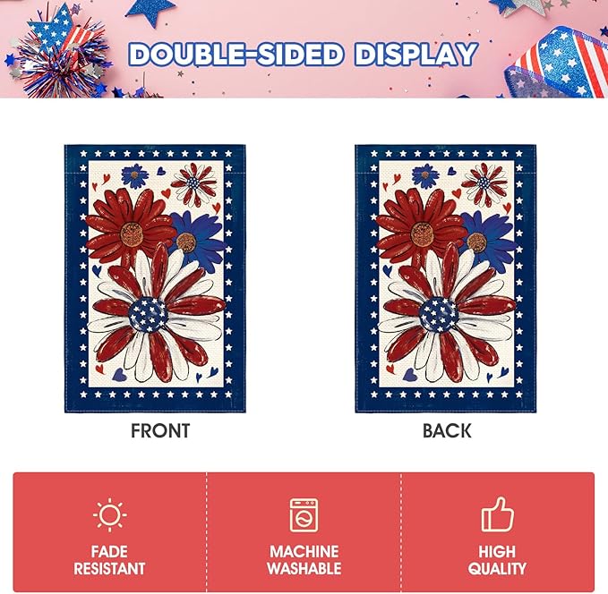 AVOIN colorlife 4th of July Patriotic Garden Flag 12x18 Inch Double Sided Outside, Memorial Day American Stars Floral Daisy Yard Outdoor Decoration