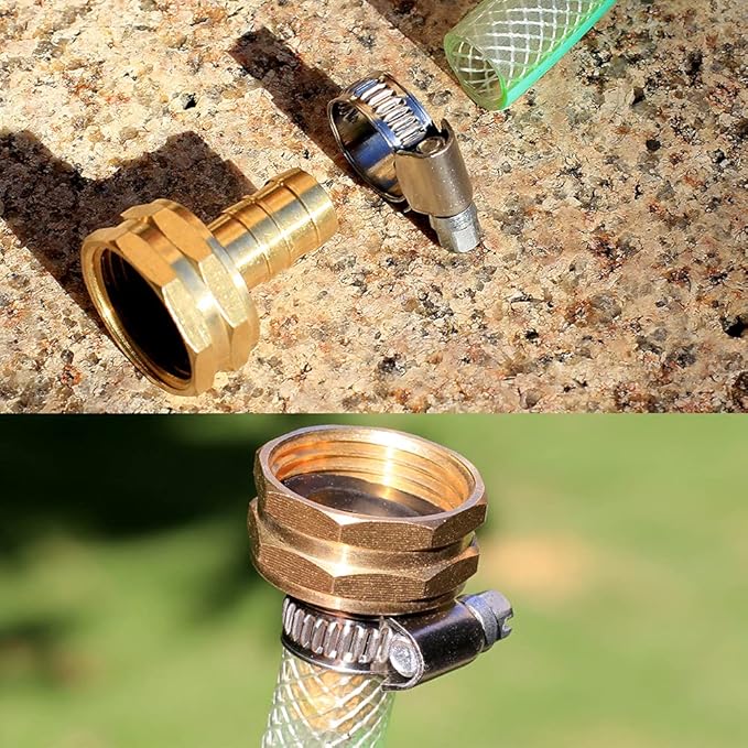 Solid Brass Garden Hose Repair kit Connector with Stainless Steel Clamps, Male Adapter/Female Garden Hose Swivel Fitting… (5/8" Barb x 3/4" Female -2 Sets)