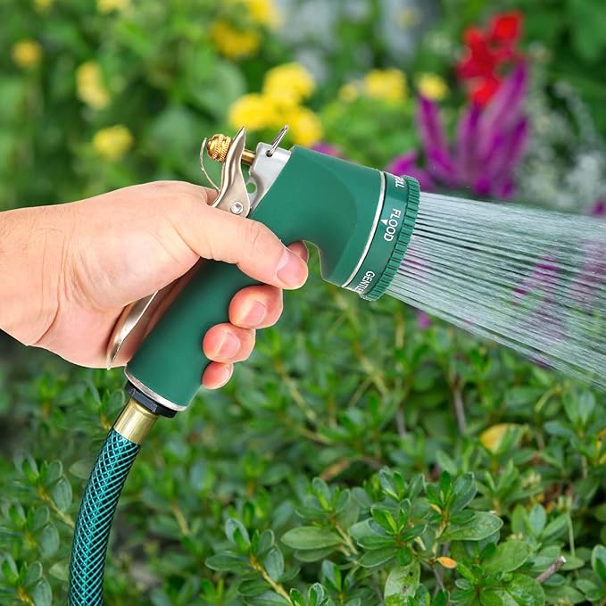 Garden Hose Nozzle, Heavy Duty Metal Spray Nozzle with Tie Rods Made of Brass, High Pressure Hose Nozzle with Non-Slip Grip Handle for Watering Garden, Washing Cars and Showering Pets (Green)