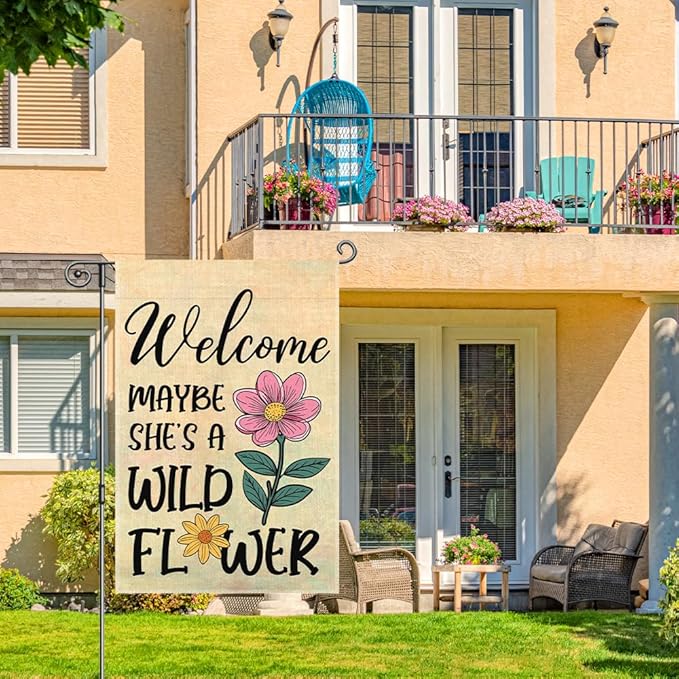 Welcome Maybe She's A Wild Flower Garden Flags for Outside, Boho Floral Welcome Garden Flag for Botanical Lover, Wildflower Yard Flag for Nature Lover, Inspirational Quote Lawn Porch Décor