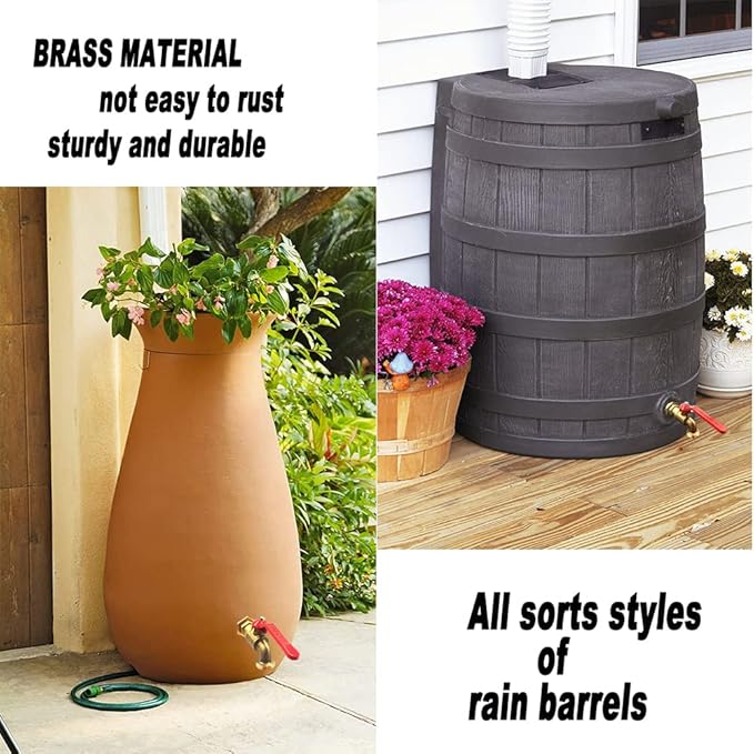 2 Pack Rain Barrel Spigot Kit, Brass Water Tank Faucet with 1 Inch OD Bulkhead Fitting for Outdoor Plastic Bucket Rain Water Drum Gal Container Down Spout Diverter in Garden