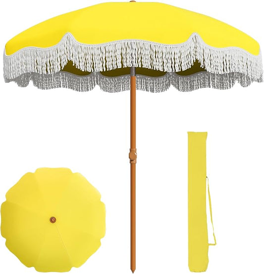 AreShark 7ft Patio Umbrella with Fringe, UPF50+ Beach Umbrella for Table, Pool & Garden, Portable Outdoor Tassels Umbrella w/Fiberglass Ribs&Push Bottom Tilt(Yellow)