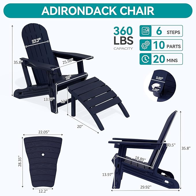 Vongrasig Adirondack Chairs Set of 2 with Removable Tabletop and Footrest, HDPE Plastic Outdoor Chair Set with Wooden Textured, Cup Holder for Patio, Poolside, Garden, Dark Blue, 5 Pieces
