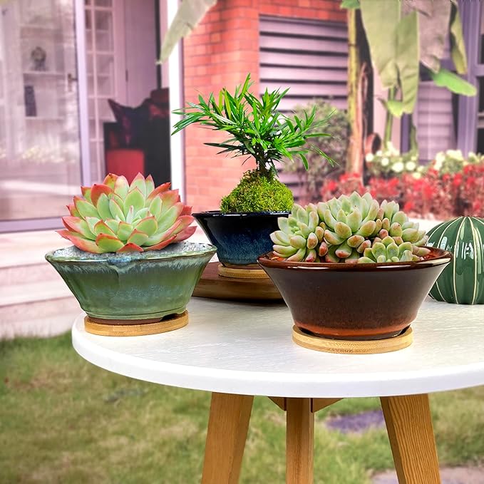 6 Inch Glazed Terracotta Succulent Pot Planter Small Plant Pot with Drainage Hole and Bamboo Saucer Cactus Ceramic Pot Set of 3 (Blue Green Orange)