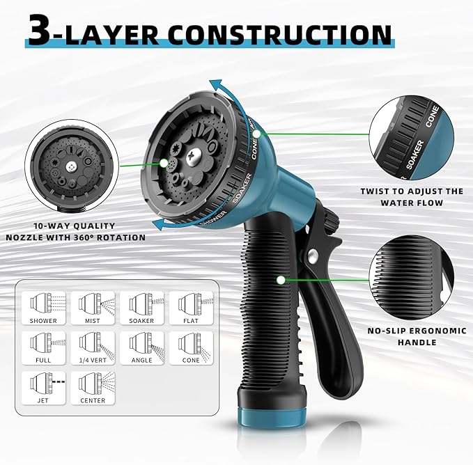 25FT Garden Hose with 10 Function Sprayer: Water Hose Lightweight Durable All-Weather - Flexible Kink-Free Hose 5/8" - Pressure Washer Hose for Garden, Car Washing, and Outdoor Cleaning