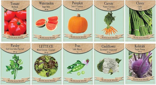 Vegetable & Herb Seed Set - 10 Varieties of Non-GMO Heirloom Premium Seeds for Planting - Beefsteak Tomato, Cauliflower, Mixed Greens, and More!