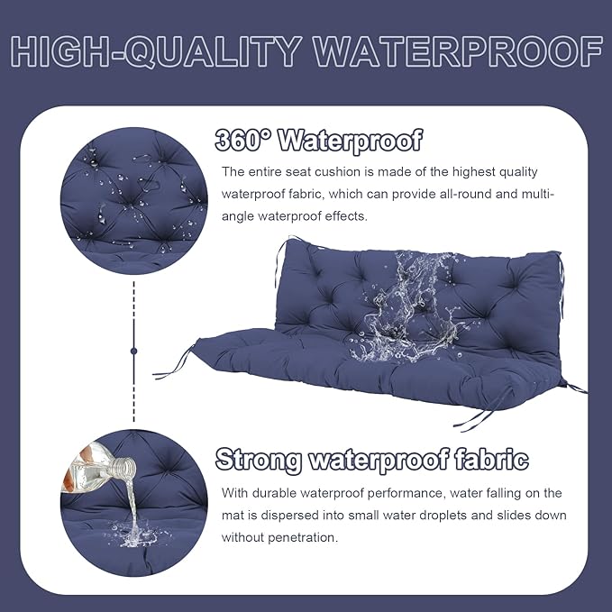 Premium 5" Thick Waterproof Outdoor Swing Cushions 3 Seater Sturdy Durable Porch Cushions 58 inch with Backrest&Ties Swing Cushions for Outdoor Furniture Backyard (Navy Blue, 58x40x5inches)