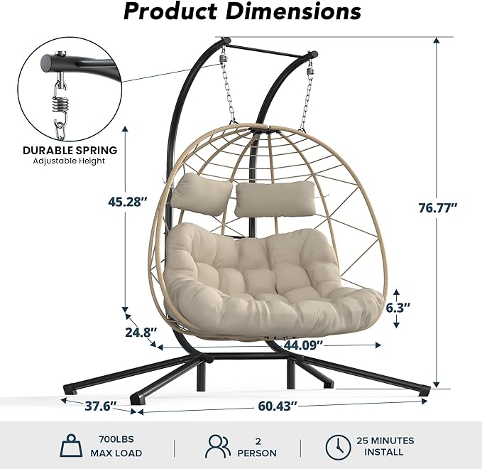 Easyego 2-Person Wicker Hanging Egg Chair with Stand- 700 lb Capacity, Indoor/Outdoor Double Egg Swing Hammock Chair for Patio, Garden, Porch, Living Room, Bedroom-Khaki