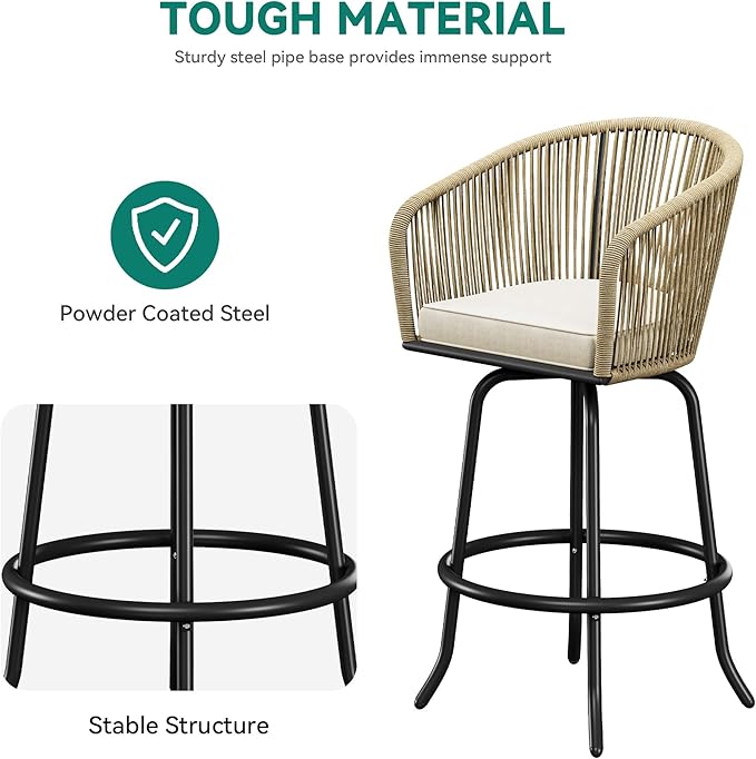 YITAHOME Counter Height Bar Stools Set of 4, Outdoor Bar Stools with Soft Cushions, Patio Rattan Swivel Bar Chairs for Backyard Poolside, Garden w /360 Rotation (Beige)