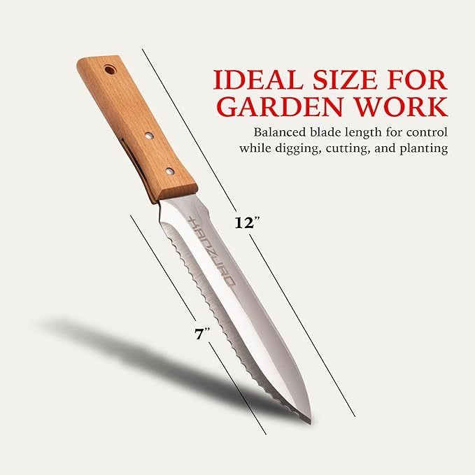 Hori Hori Garden Knife - Japanese Style Weeding & Digging Knife with Stainless Steel Blade, Depth Markings, Wooden Handle & Protective Sheath - Silver