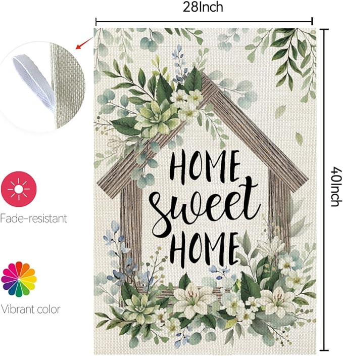 CROWNED BEAUTY Spring Home Sweet Home House Flag Eucalyptus Double Sided 28x40 Inches Large Burlap Welcome Holiday Seasonal Yard Decoration for Outside Porch
