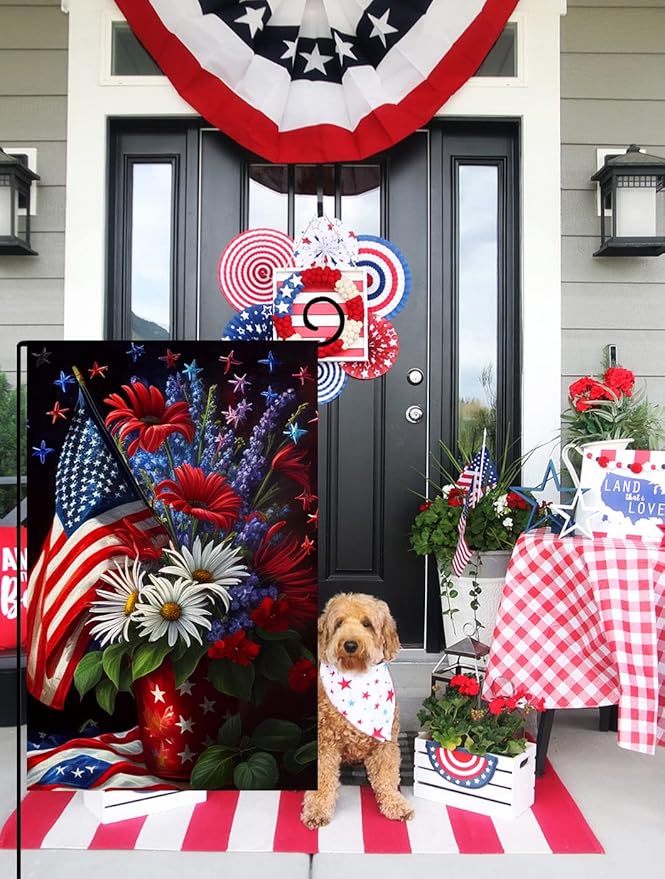 4th of July Floral Garden Flag 12x18 Vertical Double Sided Patriotic USA Flag Red Blue Memorial Day Independence Day Outside Decorations Burlap Yard Flag BW299