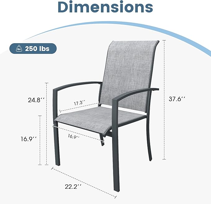 DIFY Patio Chairs Set of 2, Stackable Outdoor Dining Chairs with High Back & Metal Frame, All Weather Breathable Textilene Fabric Outdoor Chairs Set for Backyard Garden Deck, Grey