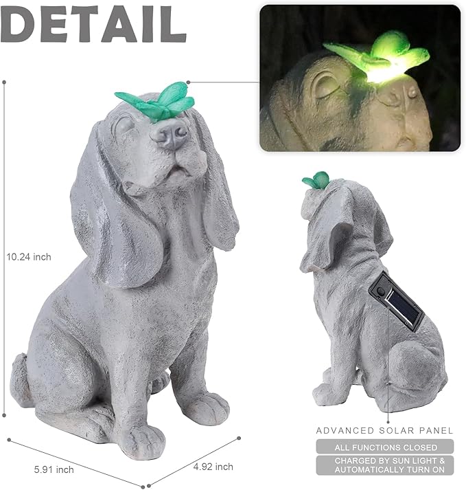 Garden Statue Dog Figurines - Outdoor Dog Statue with Solar Butterfly Lights for Patio Yard Art Decor Balcony Lawn Ornament, Ideal Housewarming Gardening Gifts for Mom
