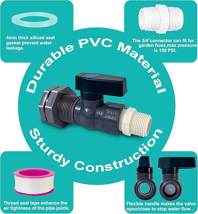 PVC Spigot Kit Rain Barrel Faucet Kit 3/4 inch Rain Barrel Valve with Bulkhead Fitting Adapter,PTFE,PVC Hose Adapter for Water Tanks,Aquariums,Tubs,Pools,Garden Barrels 1 Pack