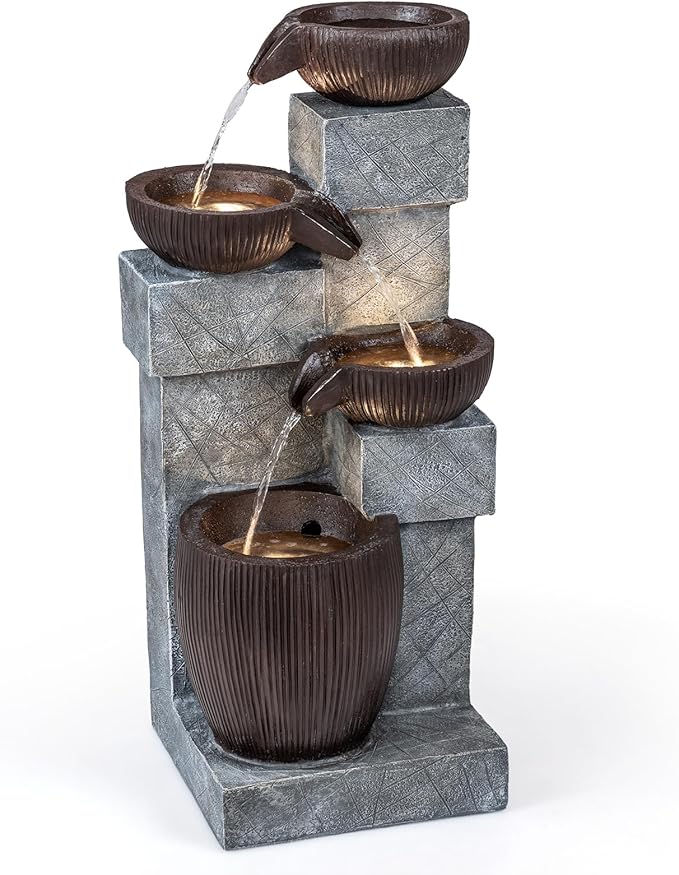 Giantex 32'' Water Fountain Outdoor, 4-Tier Cascading Bowls Waterfall Fountain with Warm LED Lights & Pump, Outside Zen Water Feature for Patio, Balcony, Deck, Garden, Yard Decor