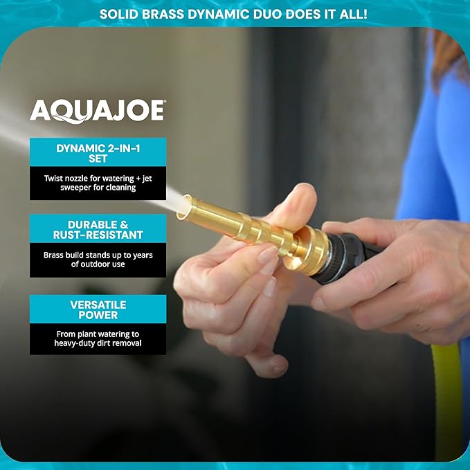 Aqua Joe Solid Brass Hose Nozzle Set - High Pressure Jet Sweeper + Twist Spray Nozzle, 2-in-1 Garden Hose Attachments, Compatible with Standard 3/4 in Hoses