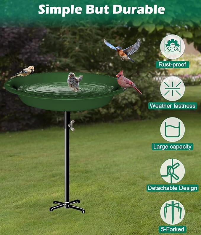 29 Inch Height Oval Shape Bird Bath for Outdoors, Detachable 5-Prong Birdbath Bowl Spa & Birdfeeder with Metal Stake Stand for Outside Garden, Green