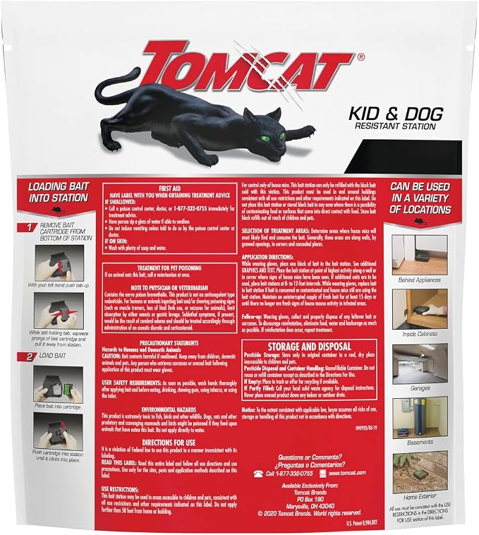 Tomcat Mouse Killer, Child & Dog Resistant, Refillable Station and 8 Baits | Weather-Resistant Indoor/Outdoor Bait Station with Clear Monitoring Lid, 1 Station and 8 Bait Blocks