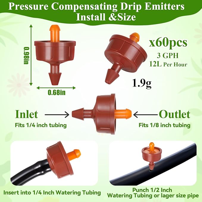 60Pcs 3 GPH Pressure Compensating Irrigation Drippers, Watering Spot GPH Dripper Drip Emitters Heads Constant Flow Outlet Heads for 1/4 Inch Irrigation Tubing for Garden Irrigation System