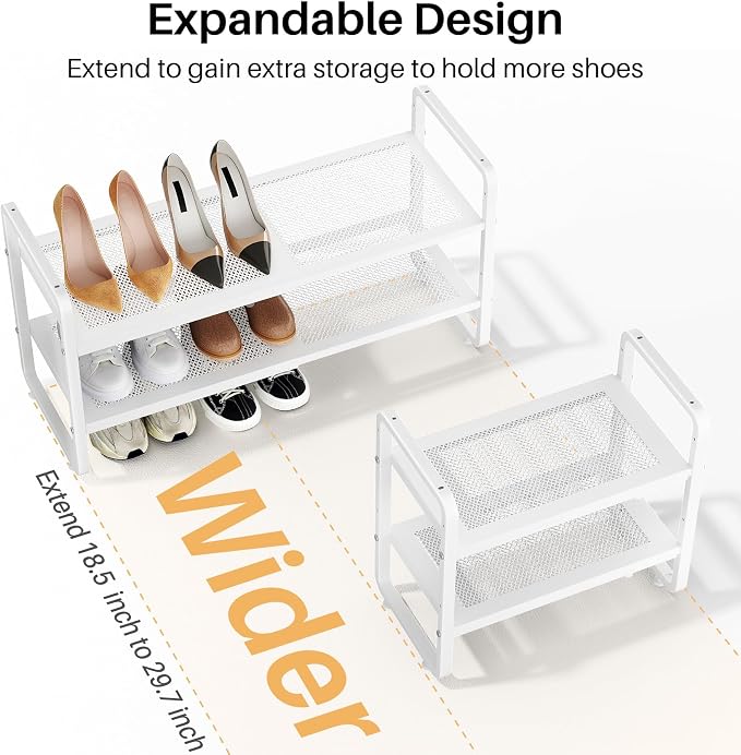 Expandable Metal Shoe Rack for Closet, Entryway & Garage, 2-Tier, White