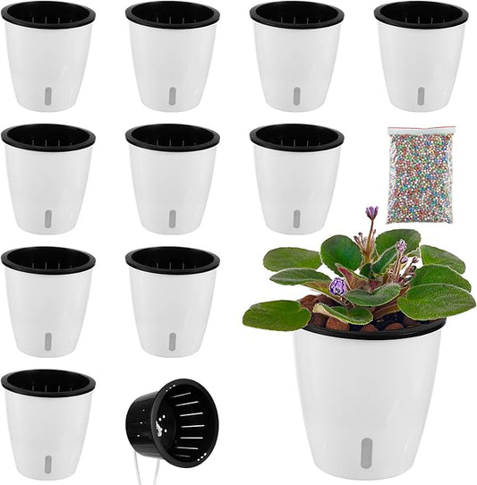 Planterhoma 5 Inch Self Watering Pots for Indoor Plants, 10 Packs African Violet Pots with Indicator, Black Wick Pot with Drainage Holes, Self Watering Planters for Orchid, Devil's Ivy, White