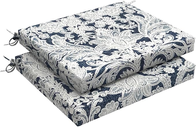 LVTXIII Outdoor Chair Cushions 18.5"x16"x2" Pack of 2, Water-Repellent Square Corner Memory Foam Seat Cushions with Ties for Garden Patio Furniture, Damask Lapis