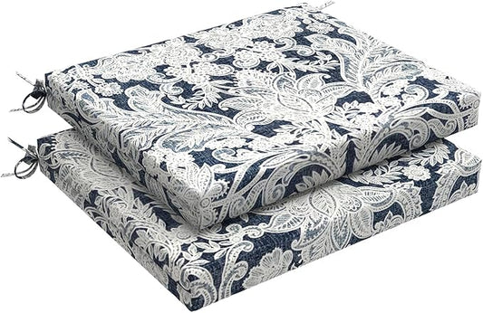 LVTXIII Outdoor Chair Cushions 18.5"x16"x2" Pack of 2, Water-Repellent Square Corner Memory Foam Seat Cushions with Ties for Garden Patio Furniture, Damask Lapis