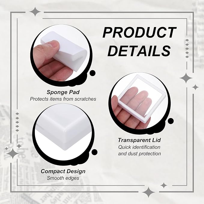 MECCANIXITY 6Pcs Gemstone Display Box, 2x2x0.8inch Acrylic Small Diamond Cases Square Jewelry Boxes Container with Sponge Cushions Clear Lids for Gems Coins Ring Crystal, White
