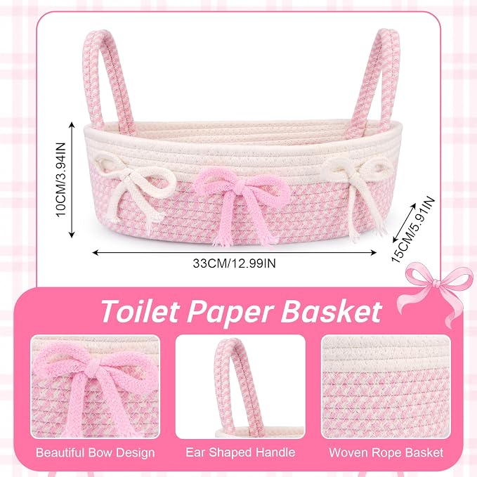 Toilet Bow Paper Basket–Woven Rope Pink Bow Decorative Bathroom Decor