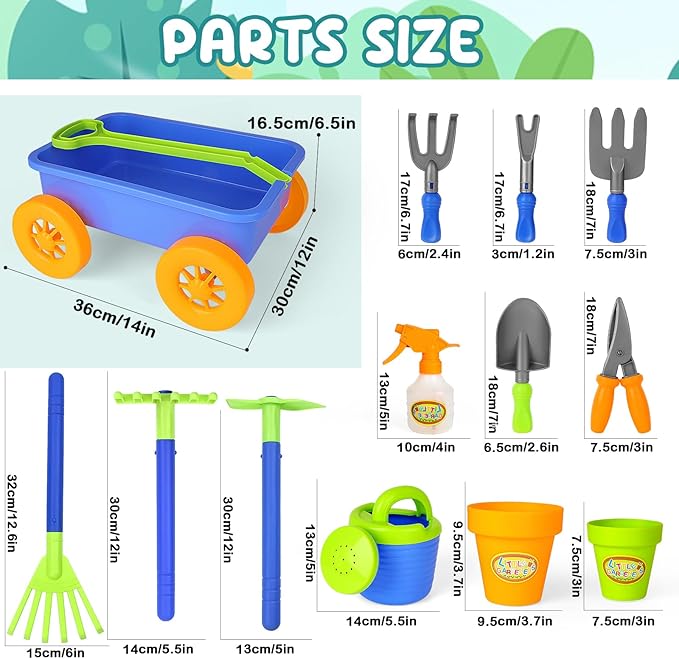 deAO Kids Garden Wagon Wheelbarrow and Gardening Tools Play Set Includes 10 Accessories and 4 Plant Pots,Great Outdoor Toddler Toys Kids Gardening Set