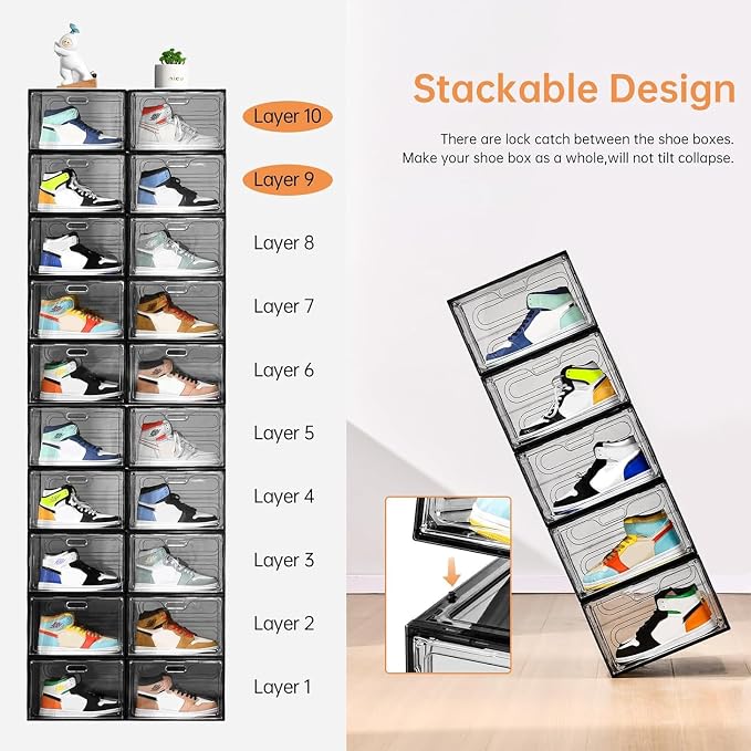 8 Pack Drop Side Shoe Boxes, Large Stackable Shoe Storage, Thick Plastic