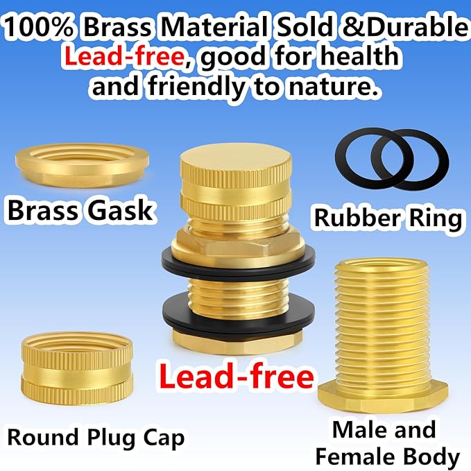 Ceaeso Brass Male Garden Hose Bulkhead Fitting With Plug, 1/2" Female NPT, 3/4" Male GHT (garden Hose Thread), Brass Tank Connector/drain/flush Port Kit For Rain Barrels, Aquariums, Sinks，1 Pack
