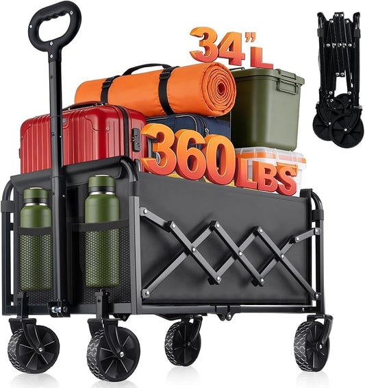 Collapsible Foldable Wagon Cart with Wheels - 360LBS Heavy Duty Folding Wagon Carts, Portable Lightweight Utility Wagon with All-Terrain Wheels & 2 Cup Holders, Grocery/Beach/Sports/Shopping/Black